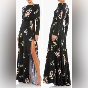 Ieena for Mac Duggal Floral Empire Waist Long Sleeve Dress